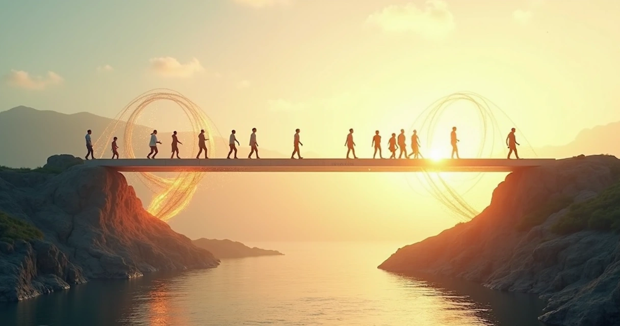 Puente invisible entre intención y acción con personas caminando hacia una meta 