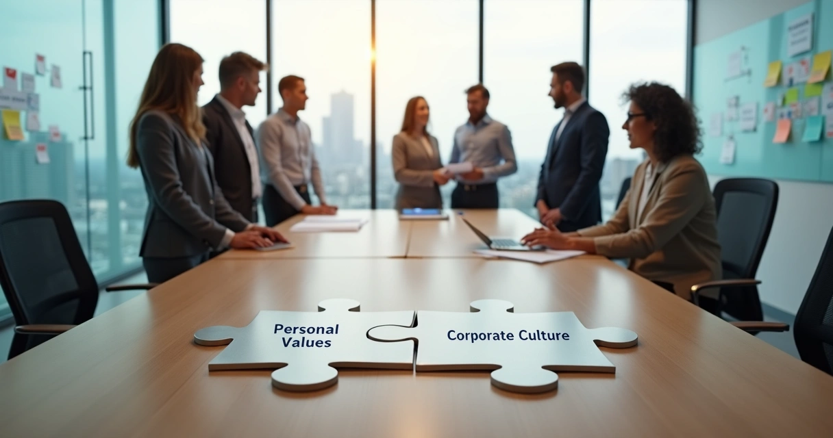 Directivos y empleados alineando valores personales y culturales en una gran empresa 