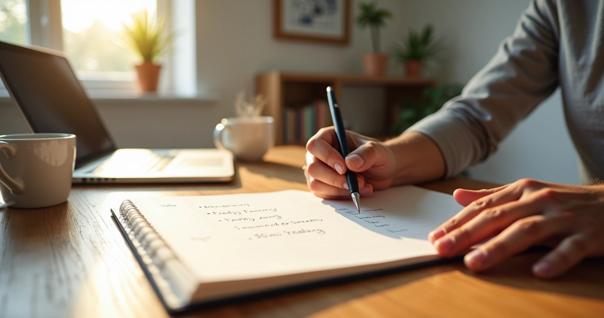 Persona escribiendo sus valores personales y hábitos diarios en una libreta sobre un escritorio ordenado 