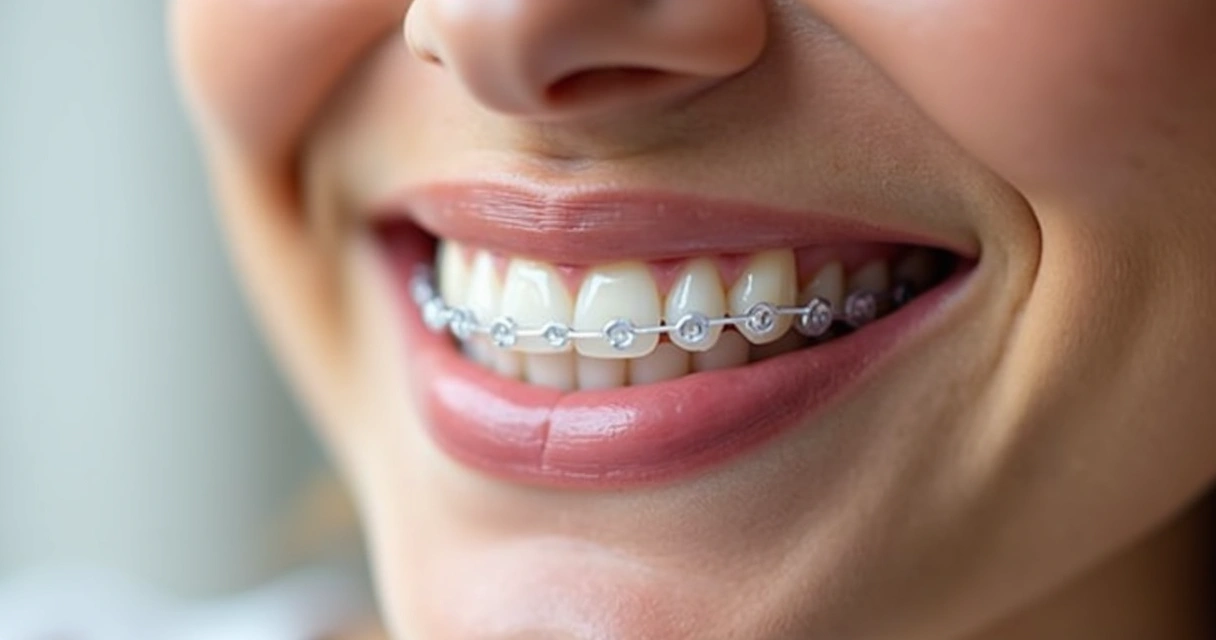 Detalhe de alinhador transparente sobre dentes saudáveis em boca sorrindo 