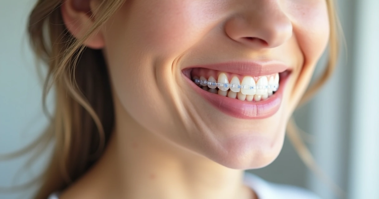 Pessoa sorrindo mostrando alinhador invisível transparente nos dentes, com fundo claro e ambiente clínico moderno