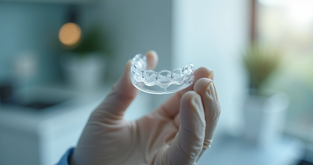 Dentista segura alinhador transparente com mão enluvada, fundo desfocado de consultório