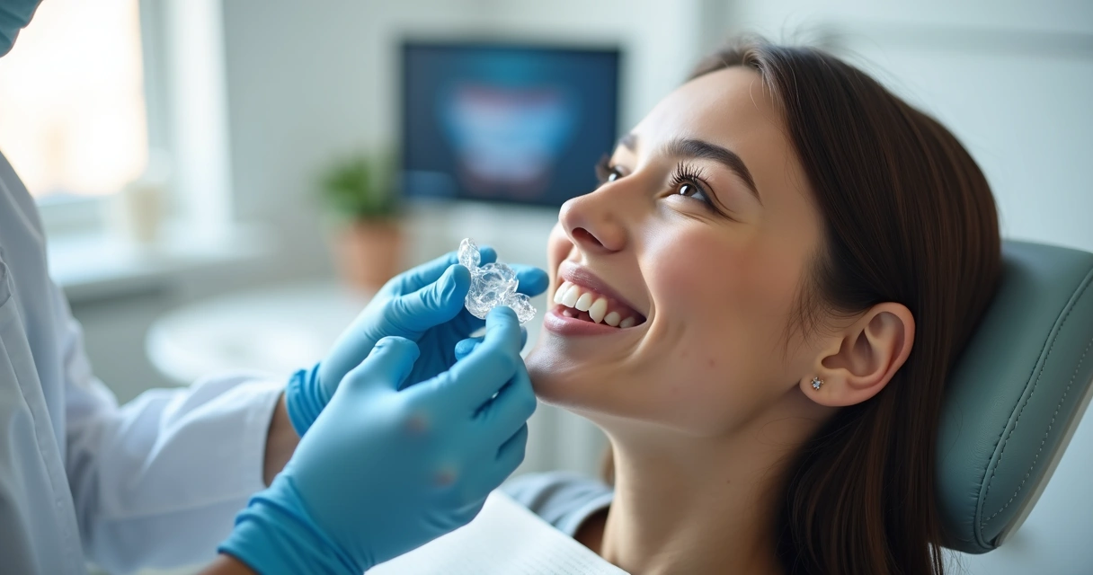 Dentista mostrando alinhador transparente para paciente sorrindo em clínica moderna 