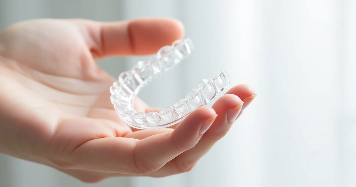 Mão segurando alinhadores invisíveis de dentes sobre superfície branca