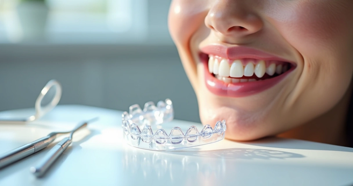 Alinhadores transparentes sobre mesa ao lado de sorriso saudável