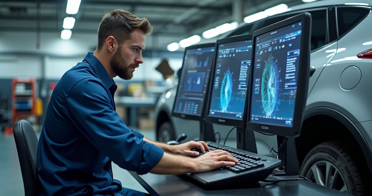 Técnico usando equipamento de alinhamento 3D em oficina automotiva