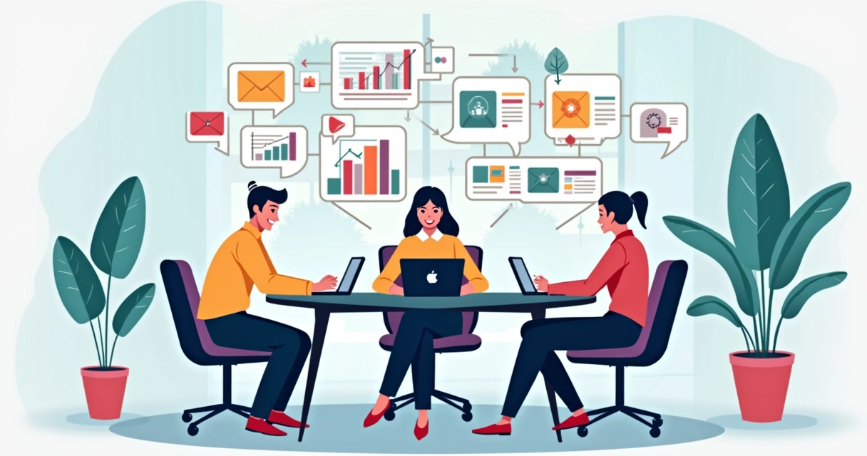 Comunicação alinhada entre equipes de marketing, vendas e pós-venda em ambiente corporativo 