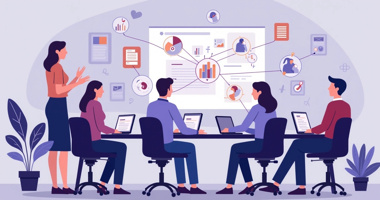 Equipes de vendas, marketing e produto reunidas, trocando informações em painéis digitais. 