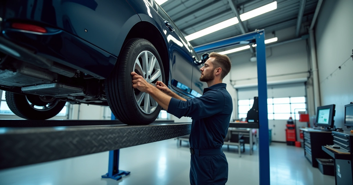 Barras de direção de um carro sendo ajustadas em oficina 