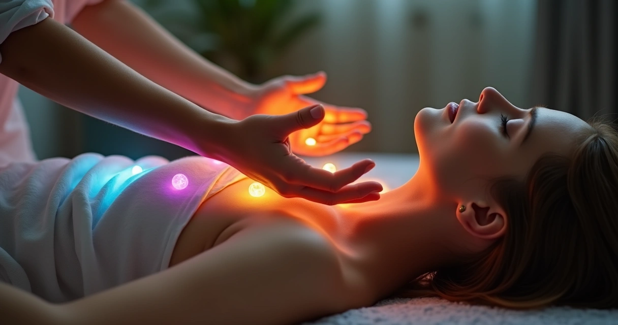 Mãos fazendo imposição sobre chakras alinhados 