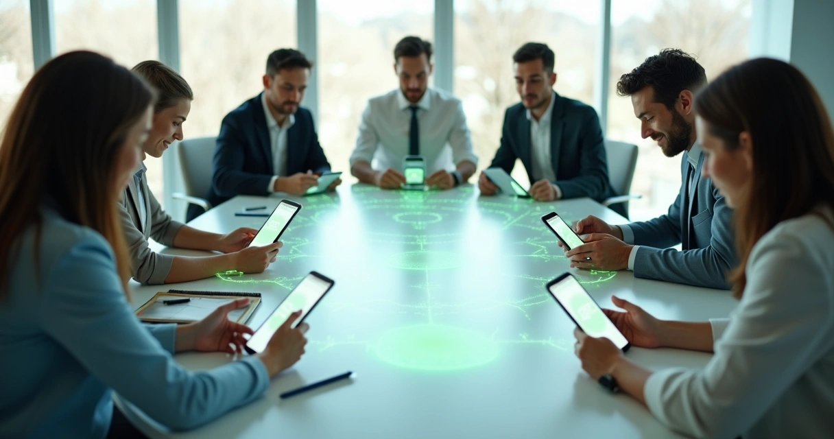 Várias mãos segurando smartphones formando círculo com linhas conectando grupos de conversa 