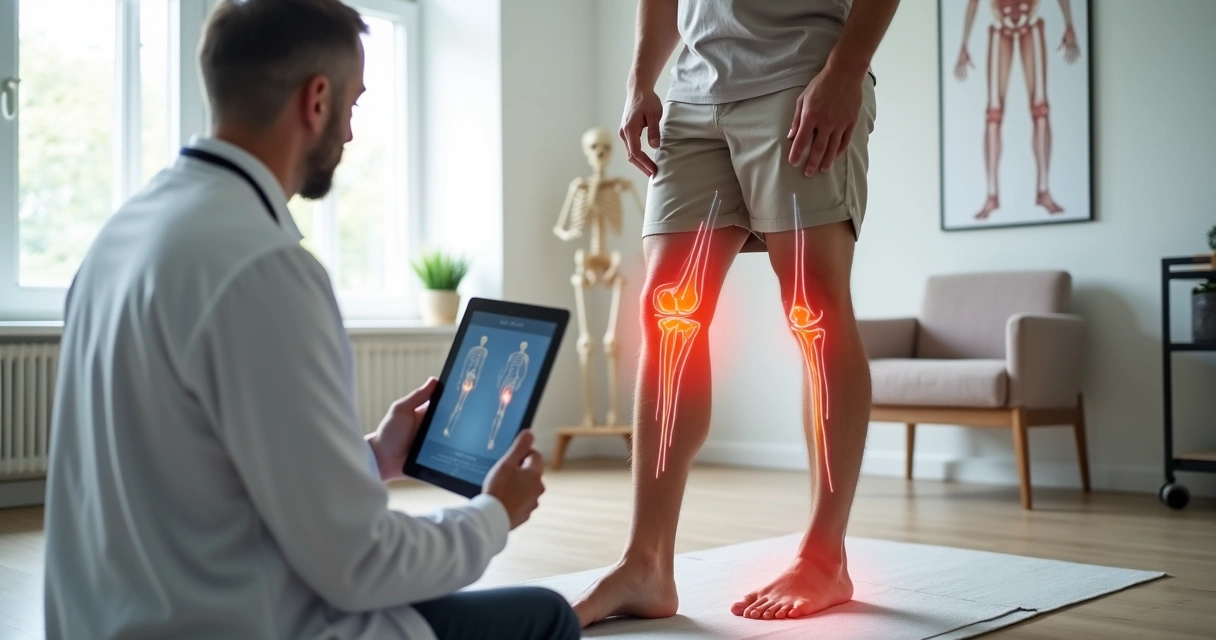 Ortopedista avaliando alinhamento corporal e dor no joelho em consultório 