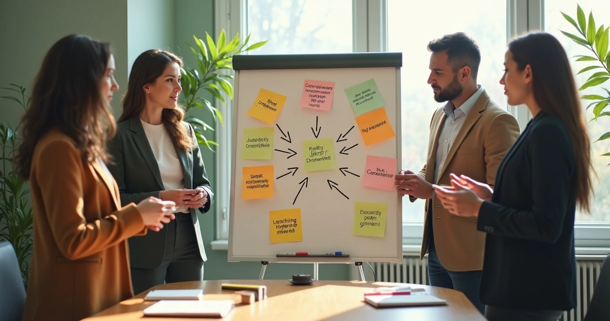 Grupo alinhando valores e práticas em painel colaborativo 