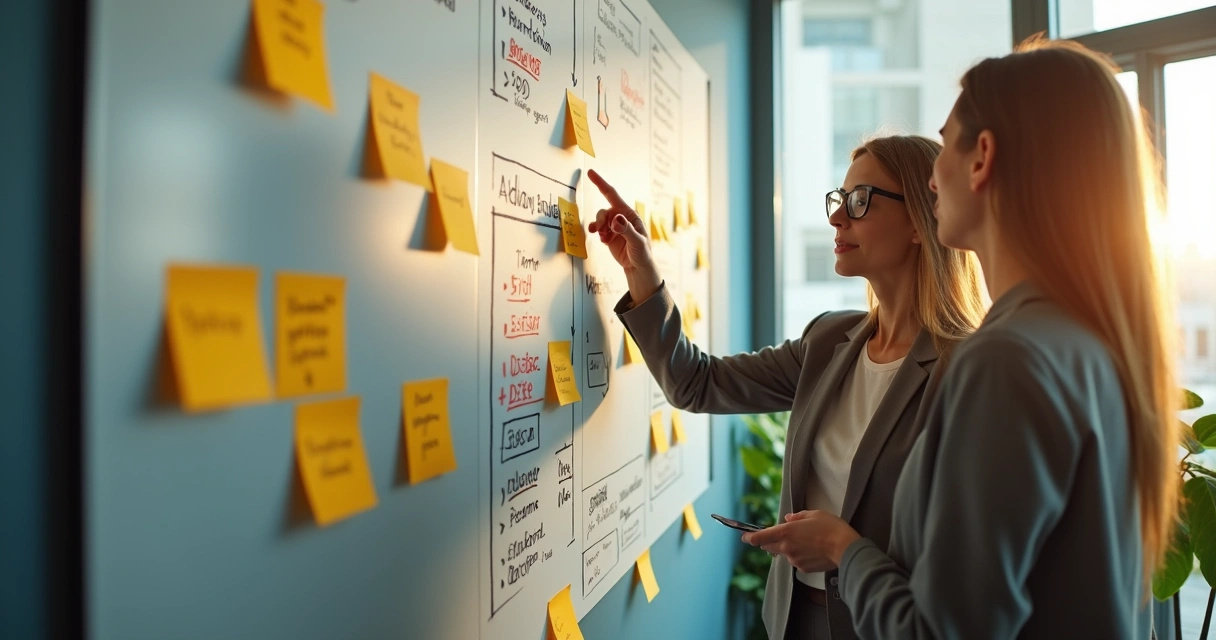 Grupo alinhando ideias em painel com metas e valores