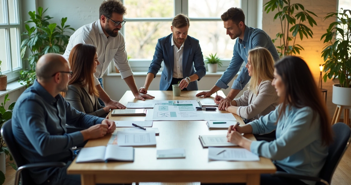 Equipe alinhada em reunião colaborativa com quadro de planejamento
