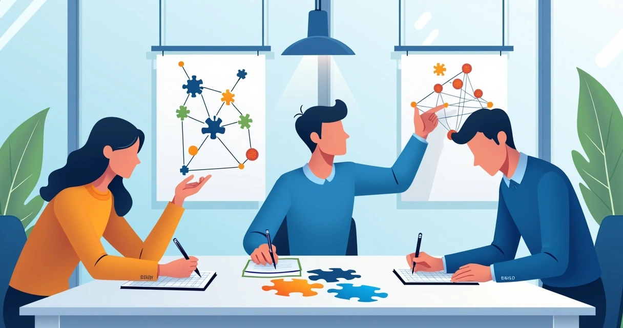 Ilustração de três pessoas conectando peças de quebra-cabeça em um escritório 