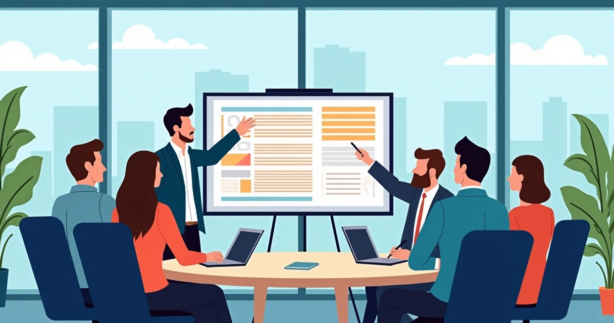 Equipe reunida discutindo briefing em uma sala de reunião