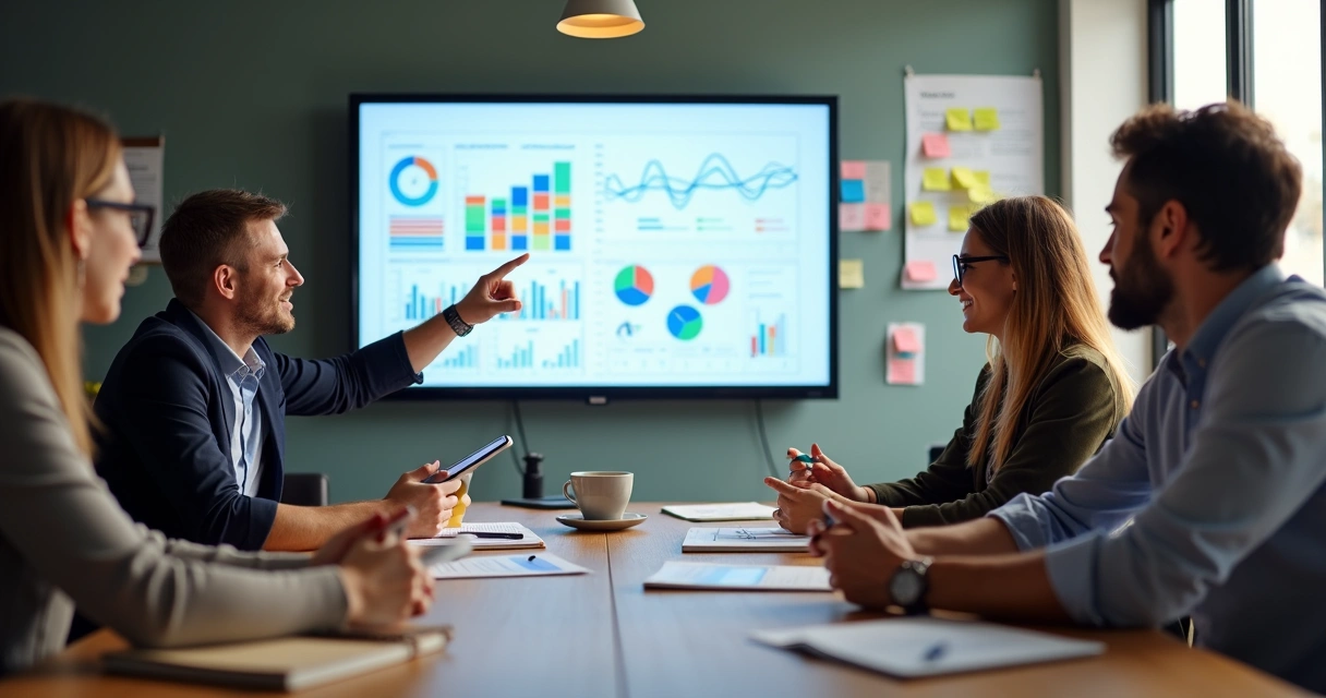 Equipe de marketing digital em reunião colaborativa analisando perfis de cliente em uma tela 