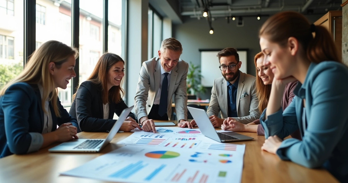Equipe de marketing e vendas reunida, analisando gráficos em uma mesa, mostrando integração profissional 