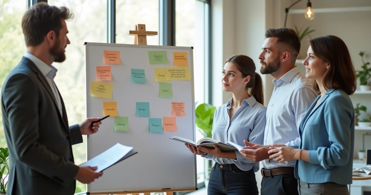 Equipe pequena alinhando tarefas em quadro de escritório