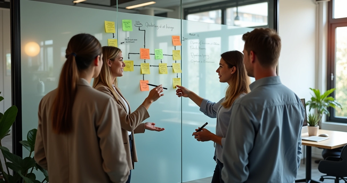 Equipe alinhando ideias diante de quadro com fluxos de trabalho