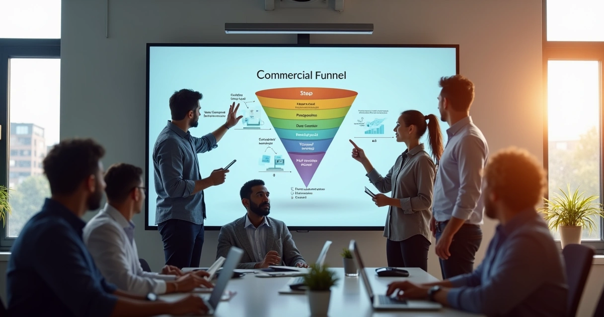 Equipe de vendas, marketing e TI reunida em frente a tela interativa com fluxo do funil comercial 