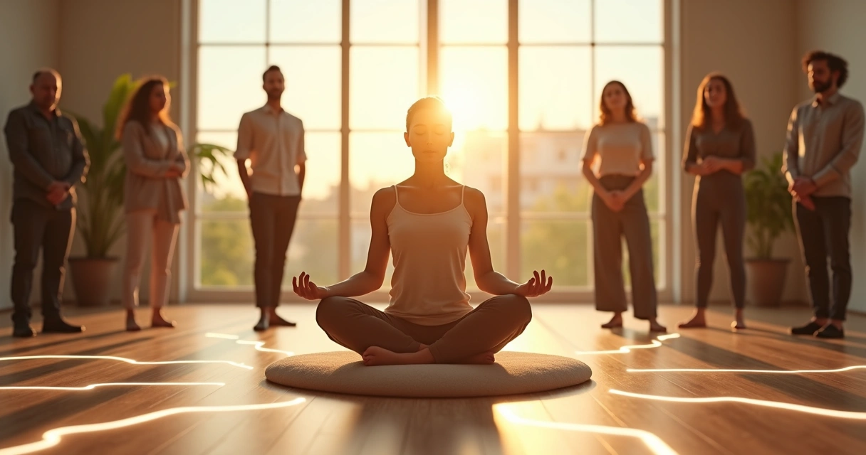 Pessoa meditando no centro conectada a várias pessoas em círculo ao redor 