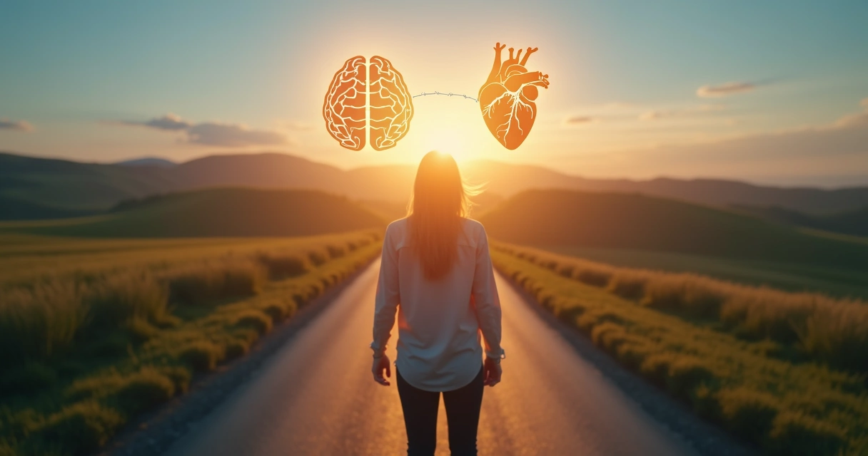 Pessoa em pé em encruzilhada ligando mente e coração com caminho iluminado à frente 