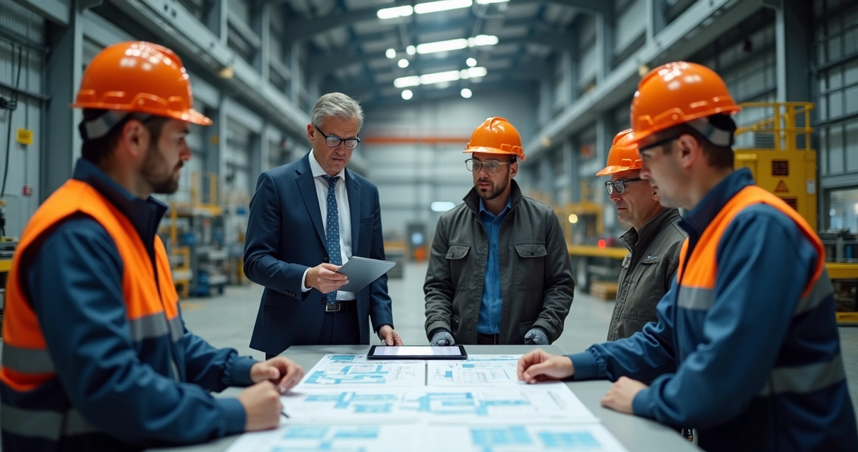 Liderança industrial alinhando prioridades com equipe operacional