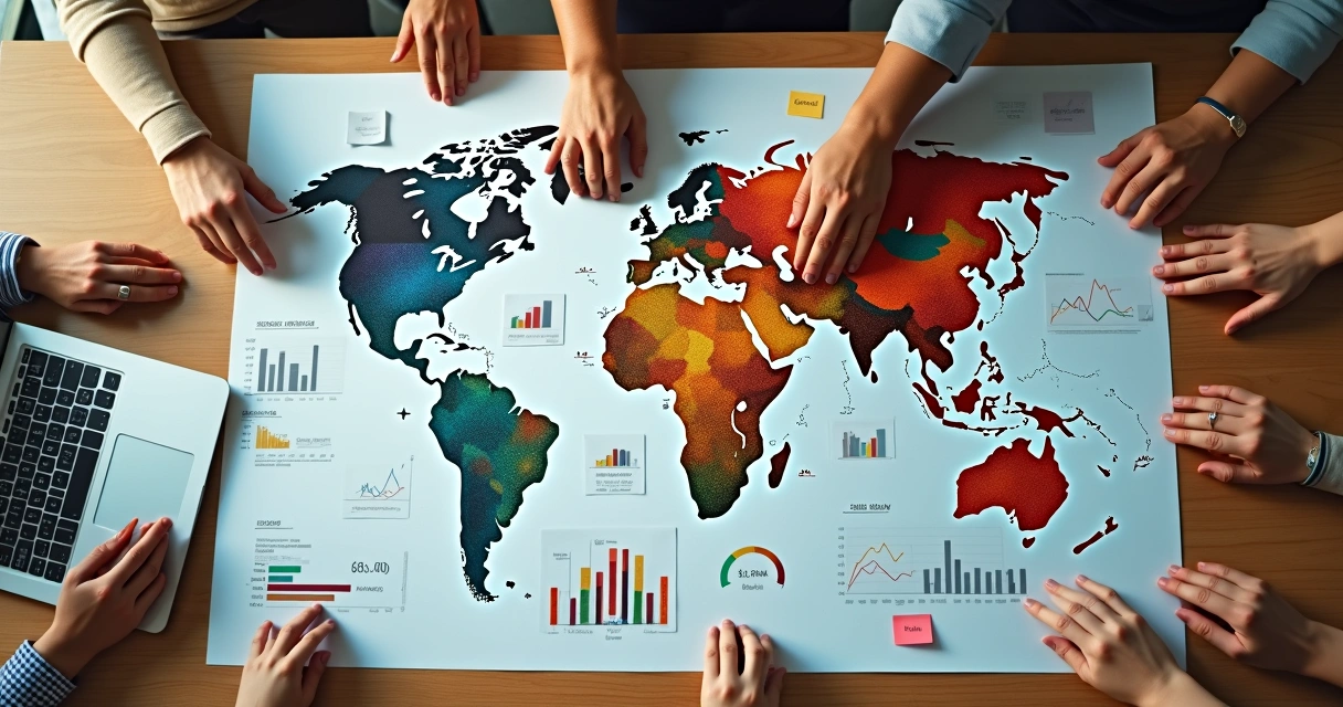 Mesa com colagem de mapas culturais misturados a gráficos de negócios 
