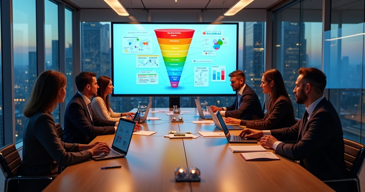 Reunião estratégica unindo líderes de marketing e vendas em ambiente corporativo moderno 