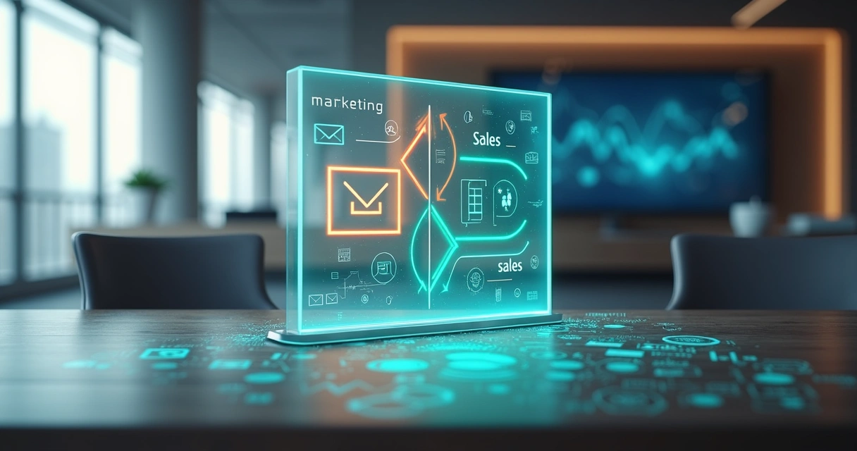 Setas de marketing e vendas se conectando sobre fluxo financeiro digital 