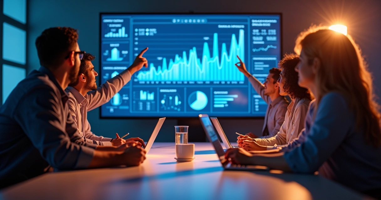Equipe reunida combinando estratégias de marketing e vendas com gráficos de dados 