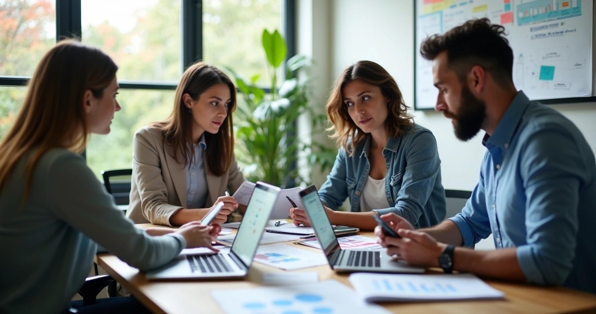 Equipes de marketing e vendas discutindo integração e recursos em mesa de reunião 