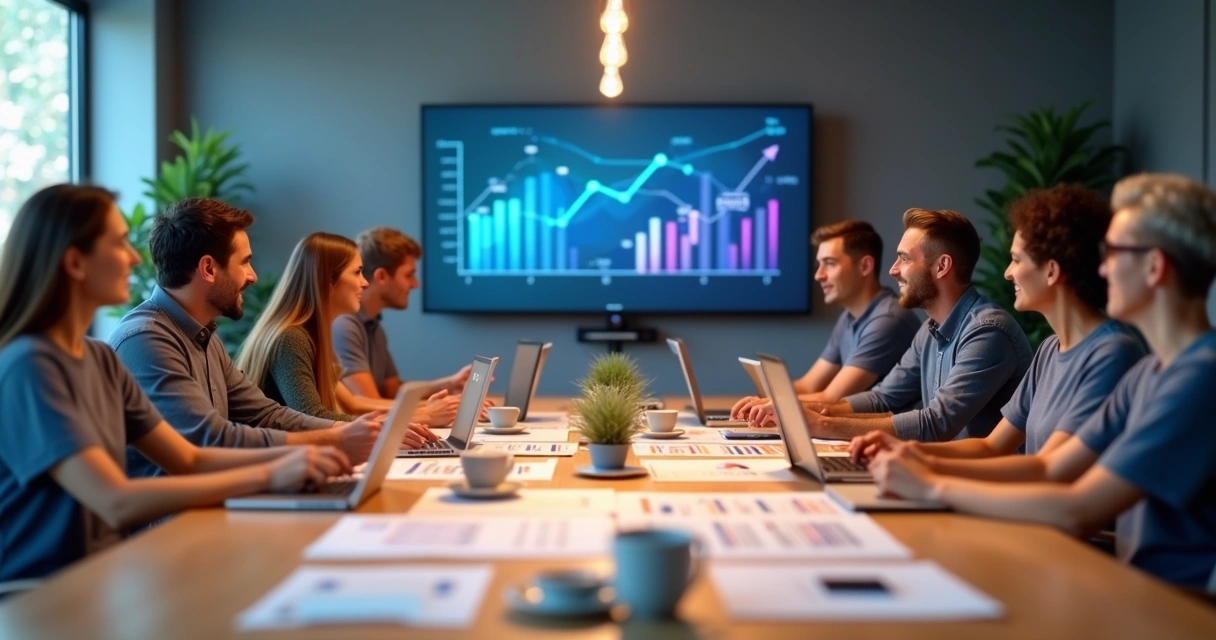 Reunião de equipes de marketing e vendas reunidas, conversando 
