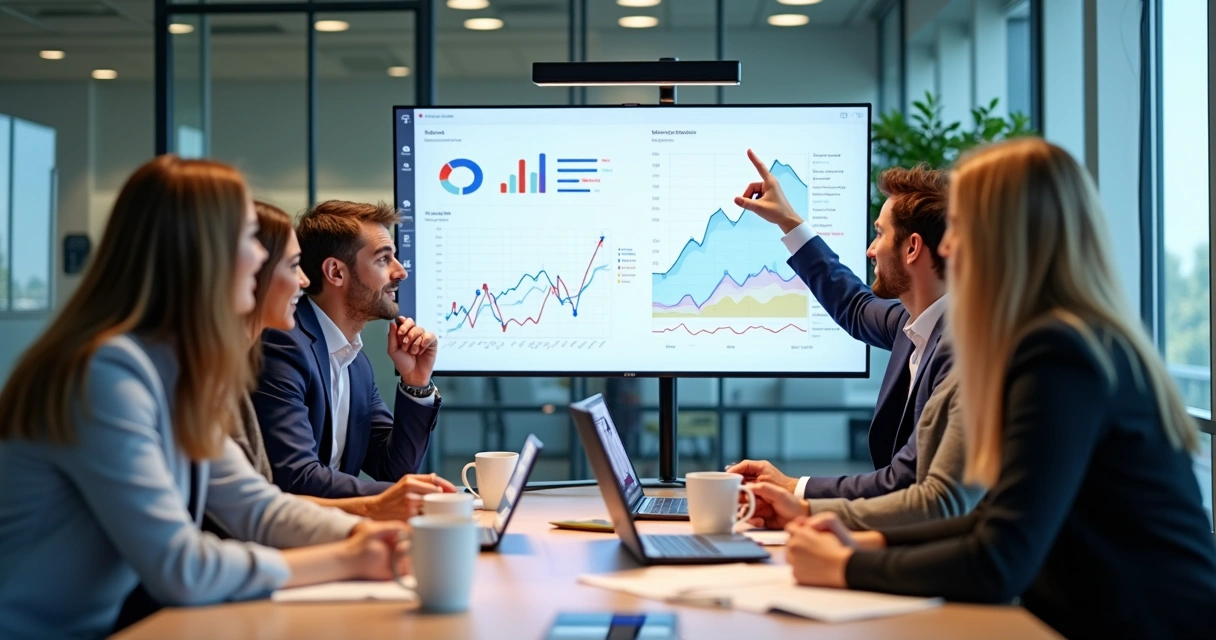 Equipes de marketing e vendas reunidas analisando resultados em uma tela 