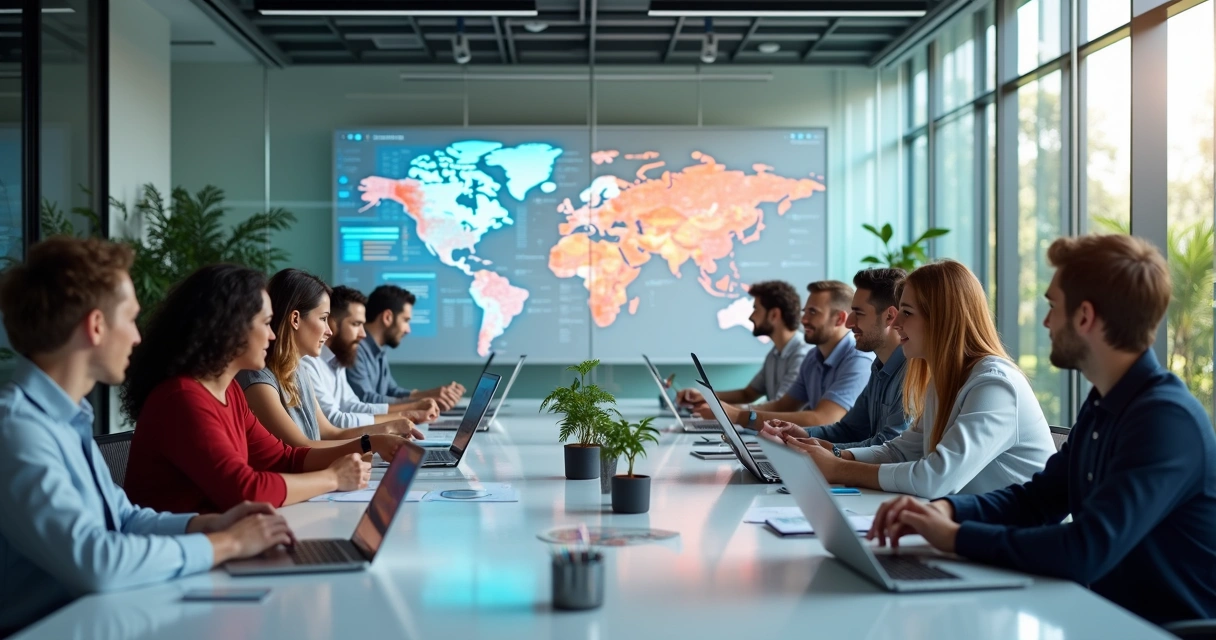 Equipe reunida em escritório moderno discutindo estratégias de marketing, vendas e operações integradas. 