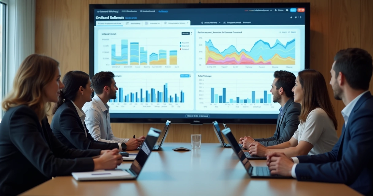 Equipes de marketing e vendas compartilhando dashboards em reunião 