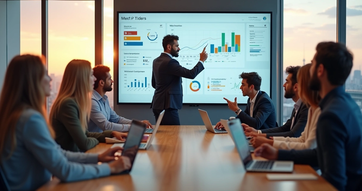 Equipe de marketing e vendas em reunião estratégica olhando painel digital de métricas 