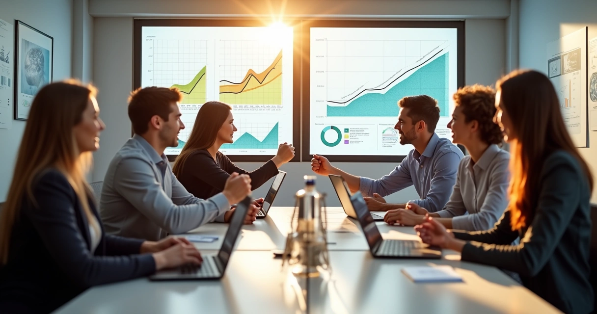 Reunião entre times de marketing e vendas analisando resultados 