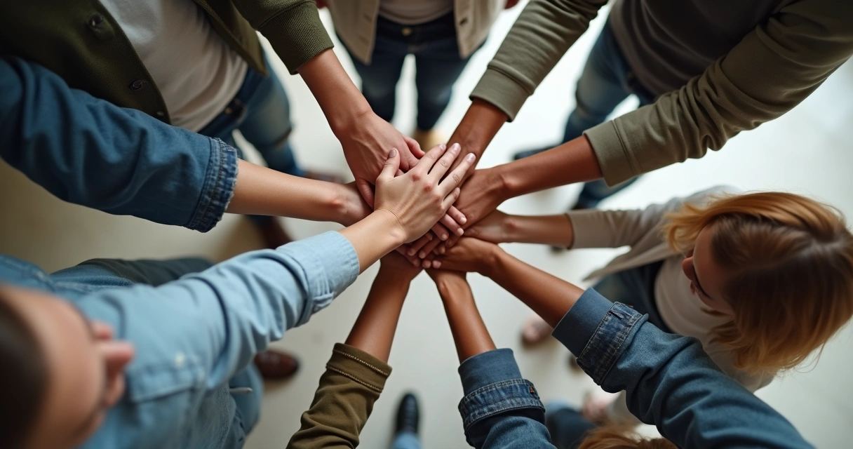 Equipe unida em um círculo, colocando as mãos juntas no centro, simbolizando união e alinhamento 