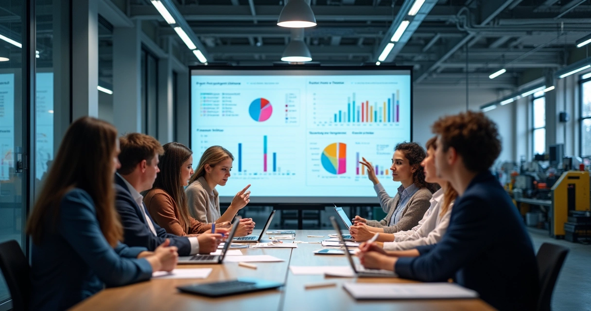 Equipe industrial reunida ao redor de mesa avaliando metas do ano em quadros brancos 
