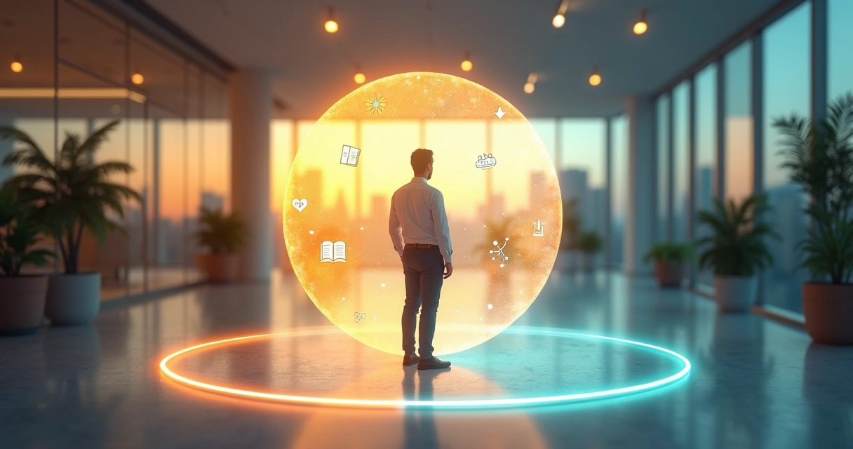 Profissional em pé sobre interseção de dois círculos representando alinhamento entre missão pessoal e propósito organizacional 