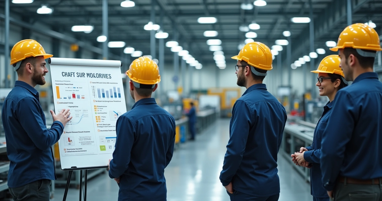 Equipe industrial alinhando prioridades do turno 