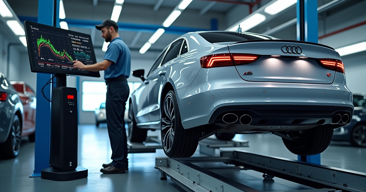 Técnico ajustando alinhamento de carro com painel digital de alta tecnologia 