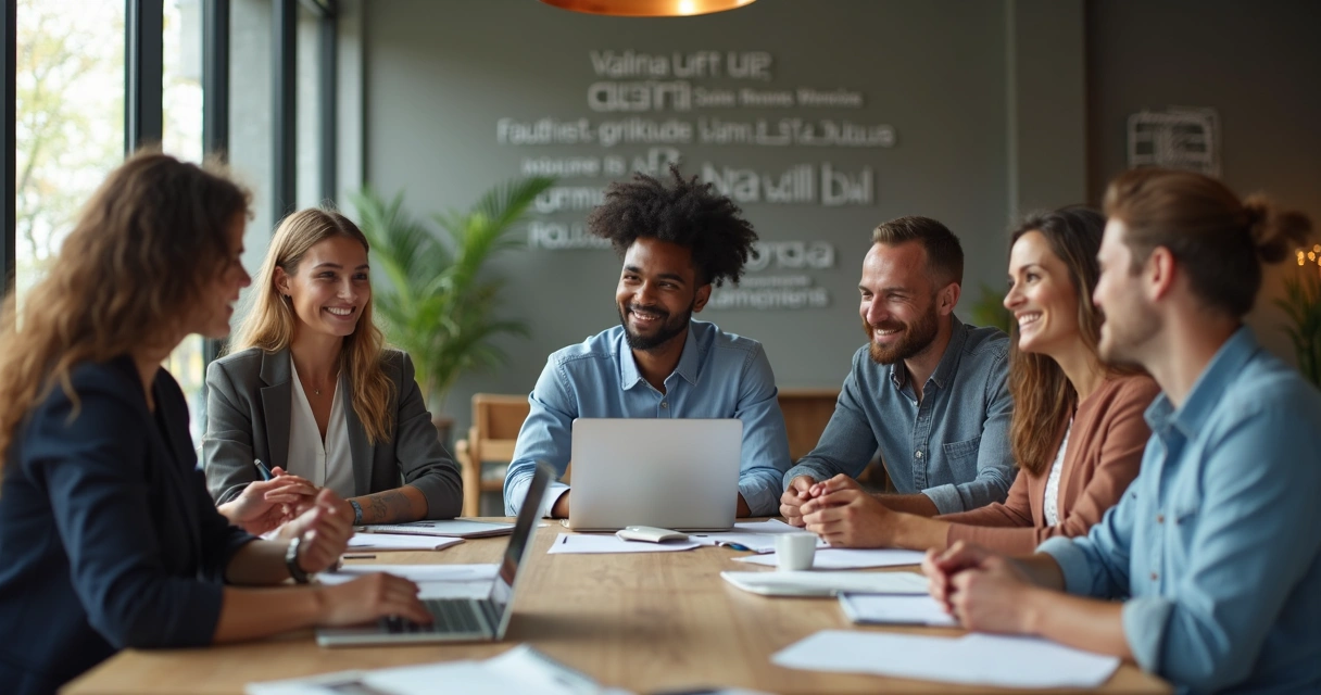 Equipe de diferentes áreas conversando em círculo em ambiente de trabalho aberto 