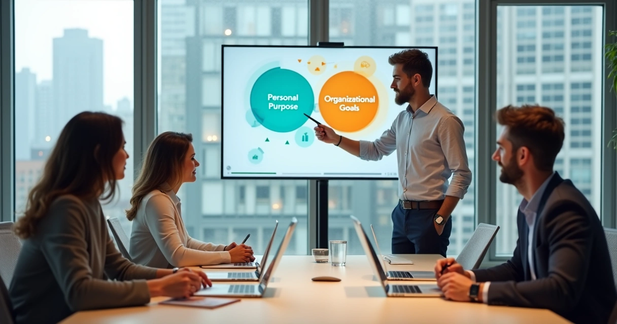 Profissional em reunião alinhando proposito pessoal com metas organizacionais em ambiente corporativo moderno 