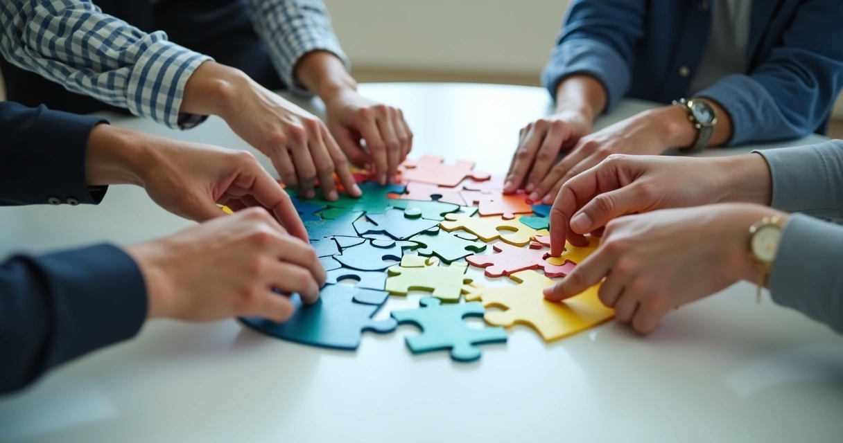Colaboradores conectando peças de quebra-cabeça 