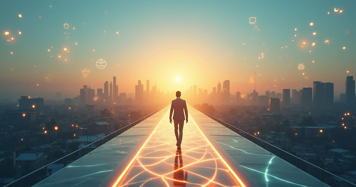 Pessoa caminhando em passarela luminosa em direção a cidade alinhando propósito pessoal e organizacional 