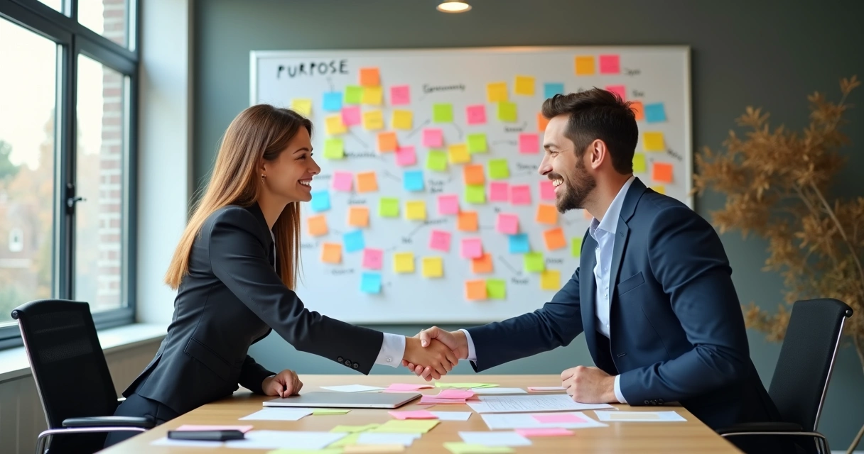 Duas pessoas apertando as mãos em frente a um quadro com conectores desenhados 